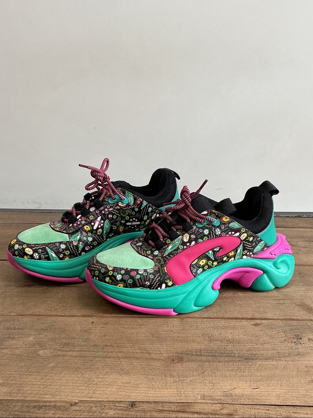 John Fluevog & Zandra Rhodes Floral Chunky Sneakers - Pink & Teal
